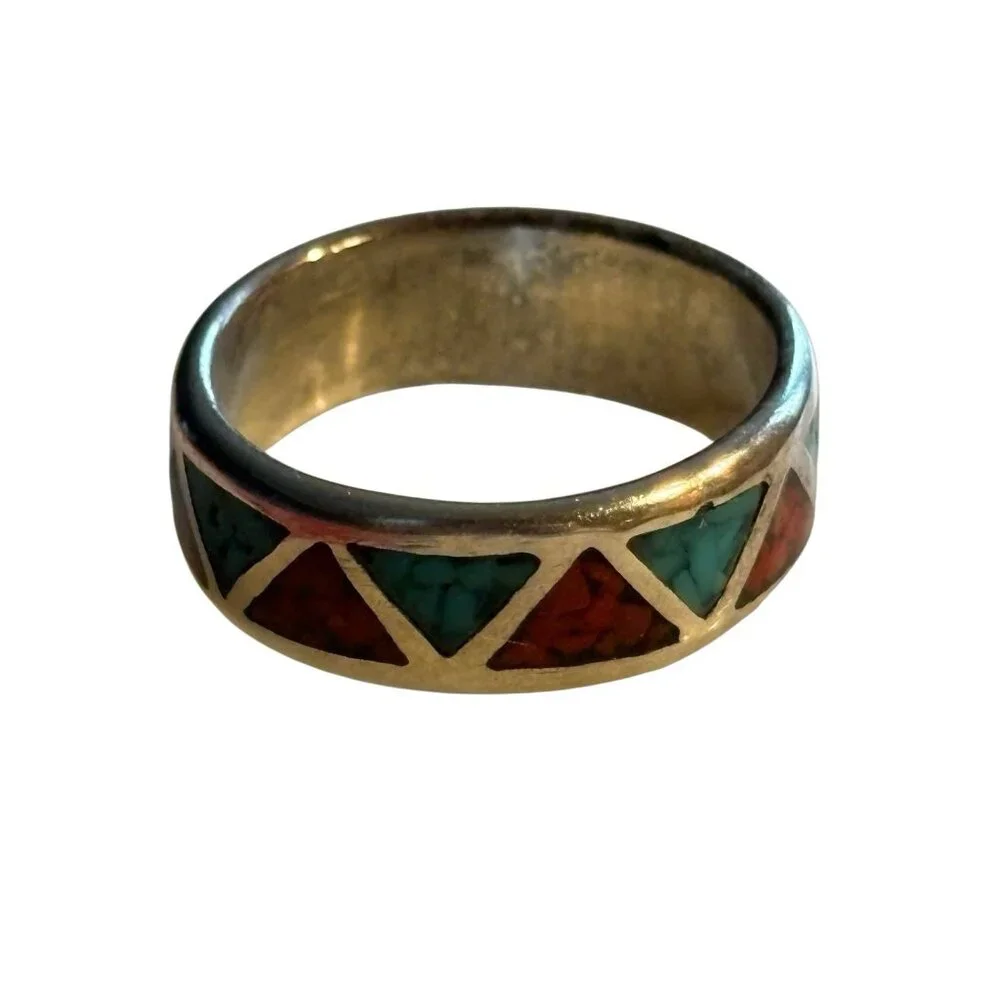 Navajo Chip Inlay Ring 925 Silver Turquoise‎ & Coral Ted Ott Size 7.5 Vintage
